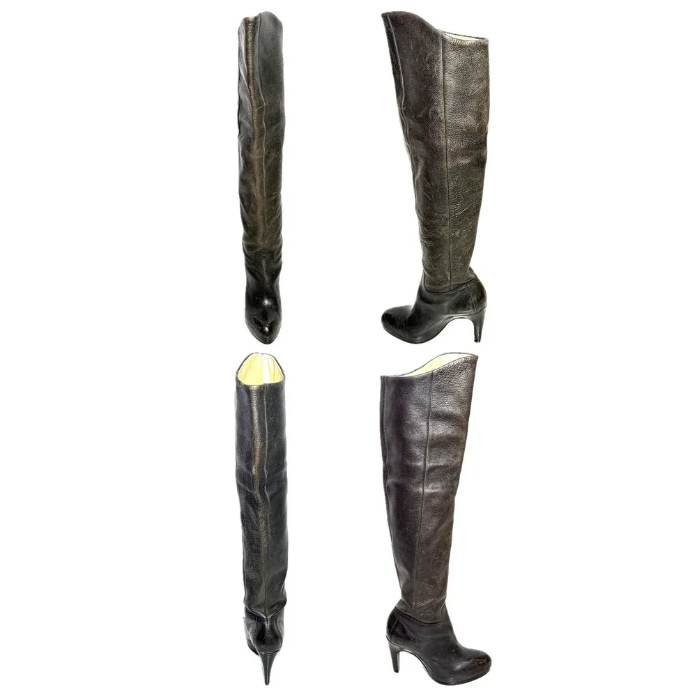 AllSaints Black Leather Over The Knee Thigh High Heel Boots Brazil Size 38 7.5-8